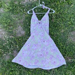 Vintage Y2K Hibiscus flower Hawaiian print mini halter dress